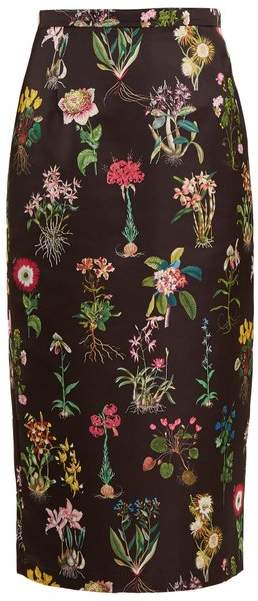 NO. 21 Botanical-print duchess-satin pencil skirt