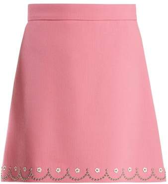 Floral stud-embellished wool-crepe mini skirt