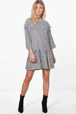 Damen Jenna Hängerchenkleid mit Vichy-Karos und Rüschensaum in Schwarz