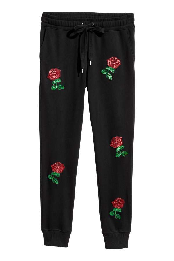 Embroidered Joggers - Black/roses - Women
