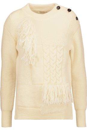 Fringed-Trimmed Paneled Bouclé And Cable-Knit Wool Sweater
