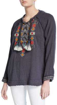 Johnny Was Jonnie Lace-Up Long-Sleeve Embroidered Cotton Gauze Blouse