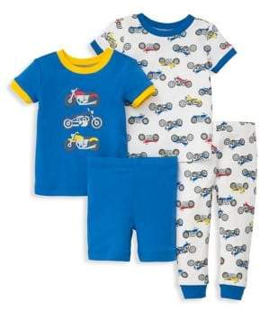 Little Boy's Four-Piece Motorcycle-Print Tee, Shorts and Pants Pajama Set