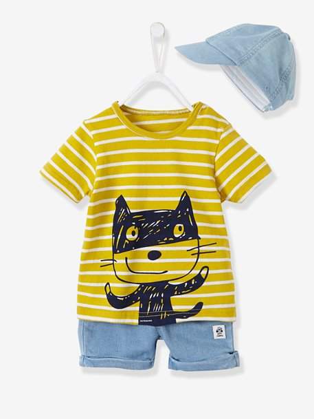 Baby Boys Cap, Striped T-shirt and Fleece Bermuda Shorts - banana yellow striped/denim bo
