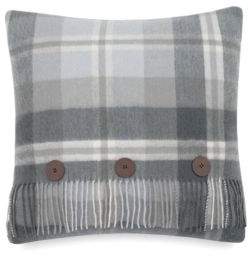 Plaid Button and Fringe Wool Pillow