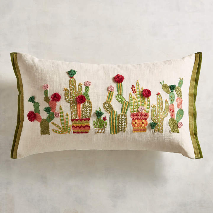 Embroidered Desert Cactus Lumbar Pillow