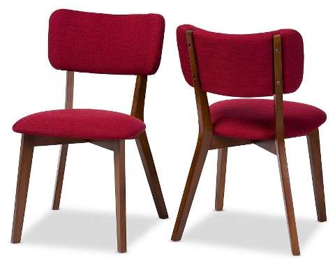 Monaco Mid-century Modern Scandinavian Style Dark Walnut Finish Red Fabric Upholstered Dining Side Chairs (Set of 2)