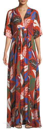 Willow Crepe Botanical Leaf-Print Long Caftan Dress