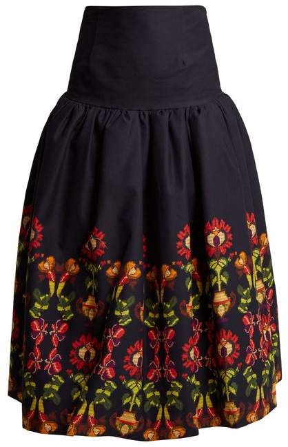 Floral-print gathered cotton-blend midi skirt