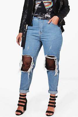 Buy Damen Plus Carey Boyfriend-Jeans mit Rissen und Netzstoff in Blau größe!