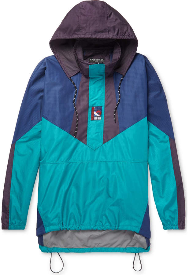 Colour-Block Ripstop Hooded Half-Zip Jacket