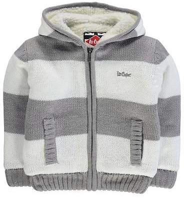 Kids Boys Stripe Lined Knit Jacket Ribbed Hoody Warm Hooded Full Zip