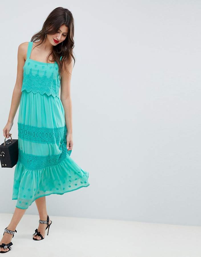 DESIGN Tiered Embroidered Midi Dress