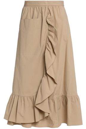 Wrap-Effect Ruffled Cotton-Blend Poplin Midi Skirt