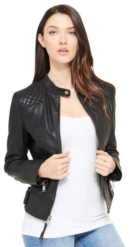 Womens Center Zip Quilt Shoulder Leather Jacket W/ Waist Tabs