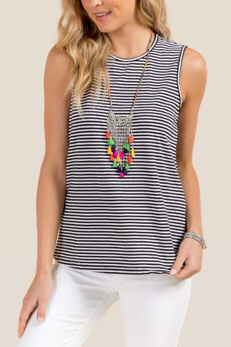 Eloise Stripe Key Hole Cross Back Tank Top - Black/White