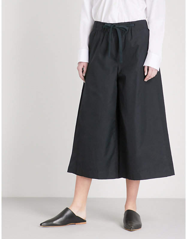 Side slit wide-leg cotton culottes