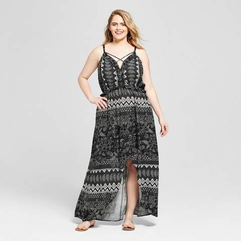 Women's Plus Size Floral Print High-Low Maxi Dress Black/White