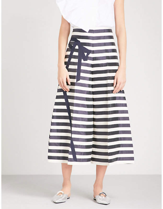Bow-detailed striped wide linen-blend trousers