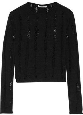 Cropped Open Knit-Trimmed Merino Wool Sweater