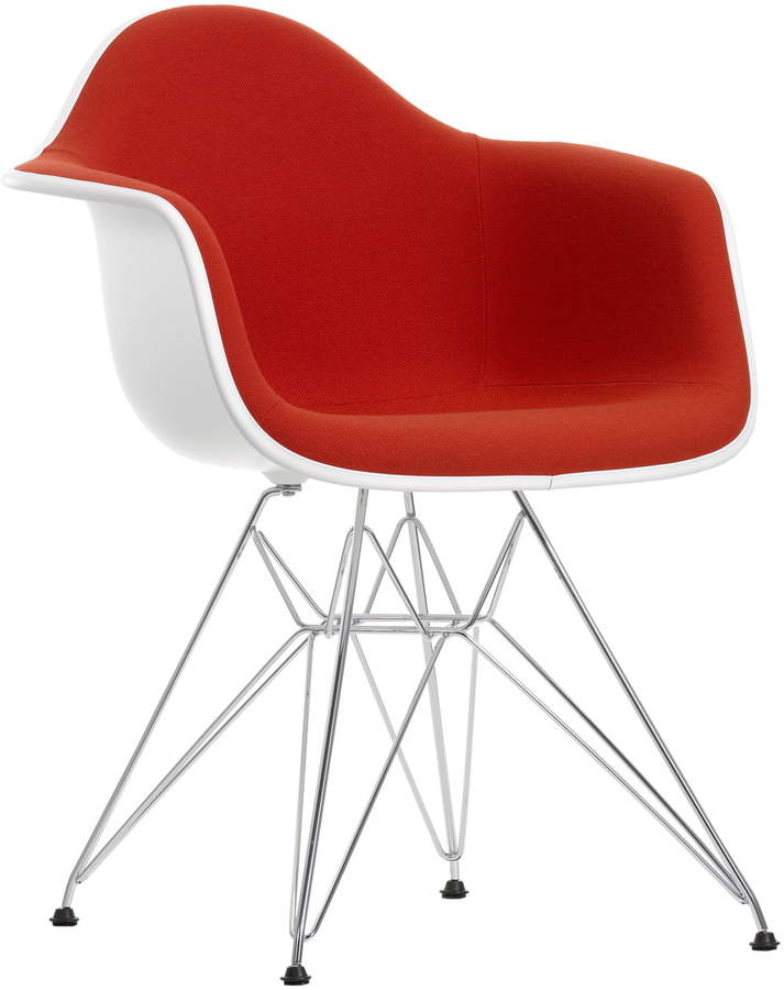 Eames Plastic Armchair DAR (H 43 cm) Vollpolster, verchromt / weiß / Hopsak poppy red / Kunststoffgleiter basic dark (Teppichboden)