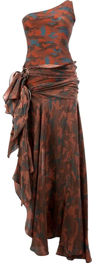 camouflage asymmetric off-shoulder gown