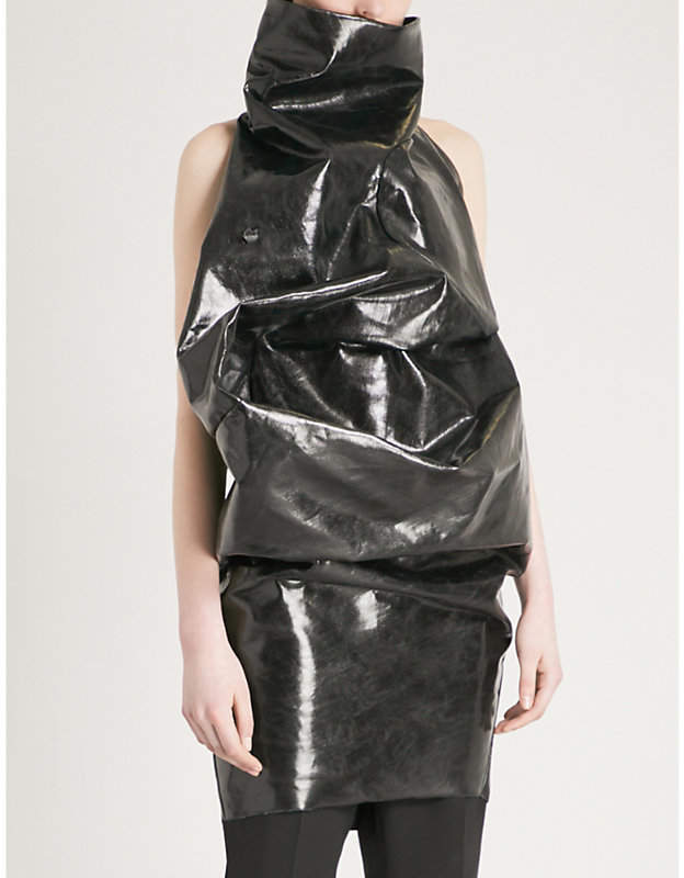 Asymmetric vinyl-effect cotton-blend mini dress