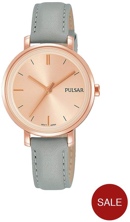 Rose Gold Plated Case Grey Leather Strap Ladies Watch