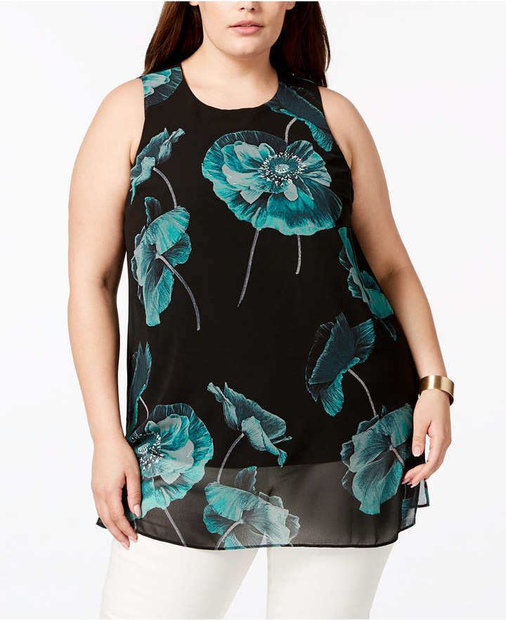 Plus Size Printed-Overlay Tunic Tank, Created for Macy's