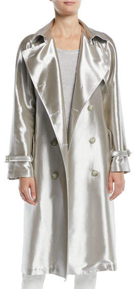 Sinclair Double-Breasted Belted Metallic Trench Co...