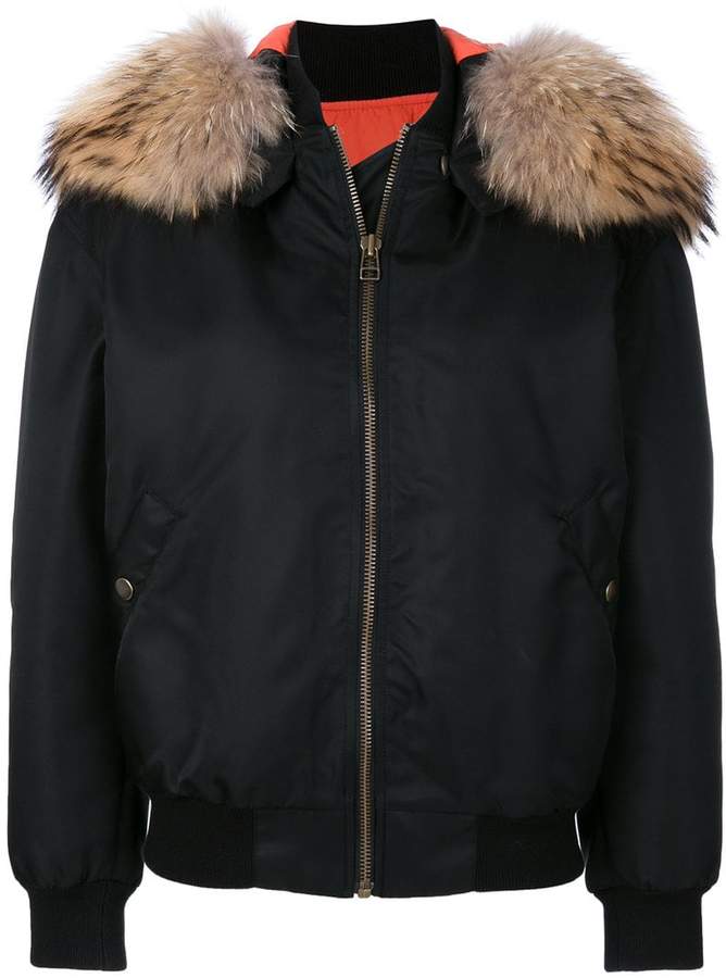 racoon fur hooded bomber jacket