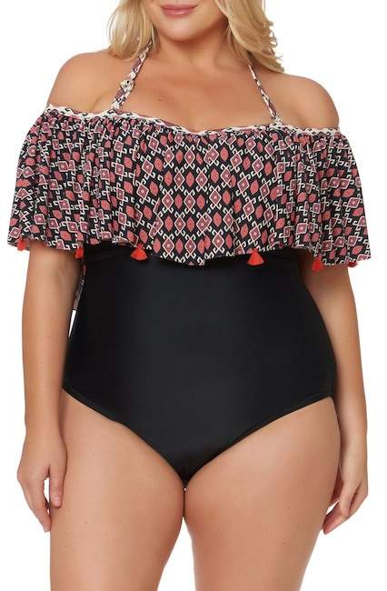 Off the Shoulder One-Piece Swimsuit (Plus Size)