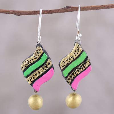 Jubilant Pennant Handcrafted Pink and Green Ceramic Pennant Dangle Earrings
