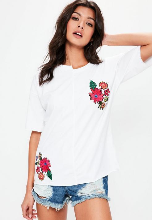White Floral Embroidered Seam Detail T-Shirt