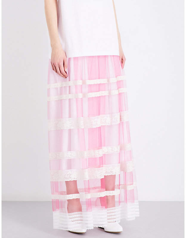 Floral lace-trim tulle maxi skirt