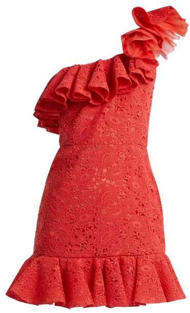 One-shoulder ruffled lace mini dress