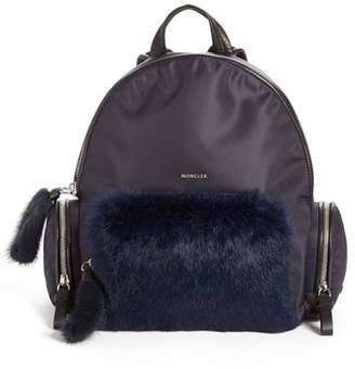 Moncler 'Florine' Genuine Rabbit Fur Trim Backpack - Blue