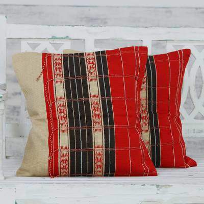 Naga Beauty in Red Handmade 100% Cotton Set of 2 Loomed Red Cushion Covers