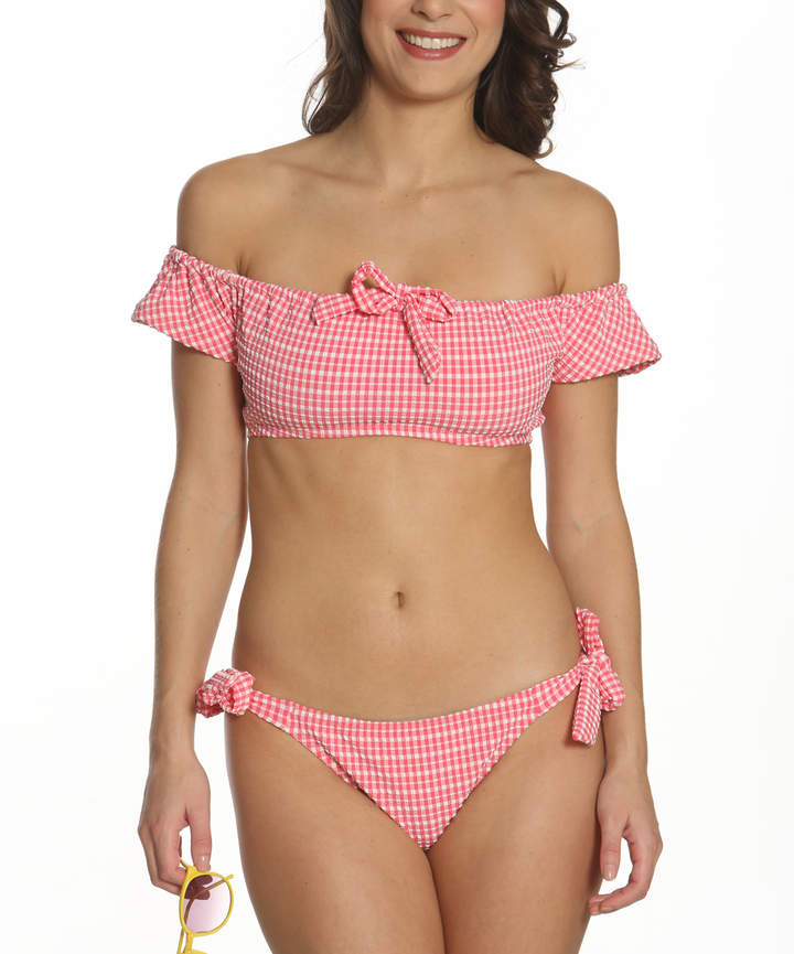 Pink Gingham Off-Shoulder Bikini Top & Bottoms - Women