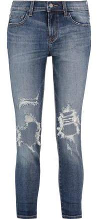 Distressed Faded Mid-Rise Slim-Leg Jeans