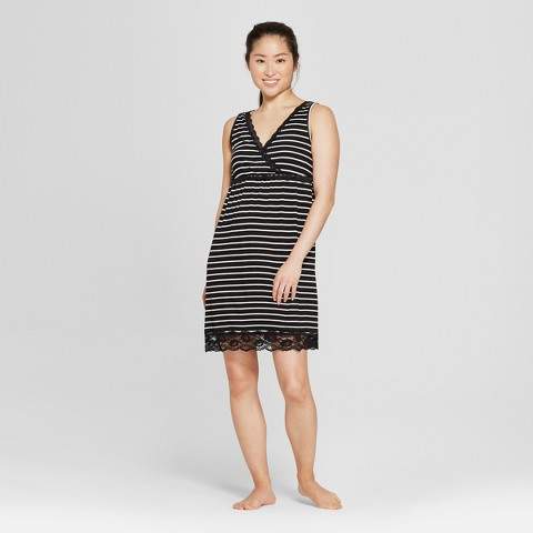 Women's Nursing Nightgown - Black Thin Stripe