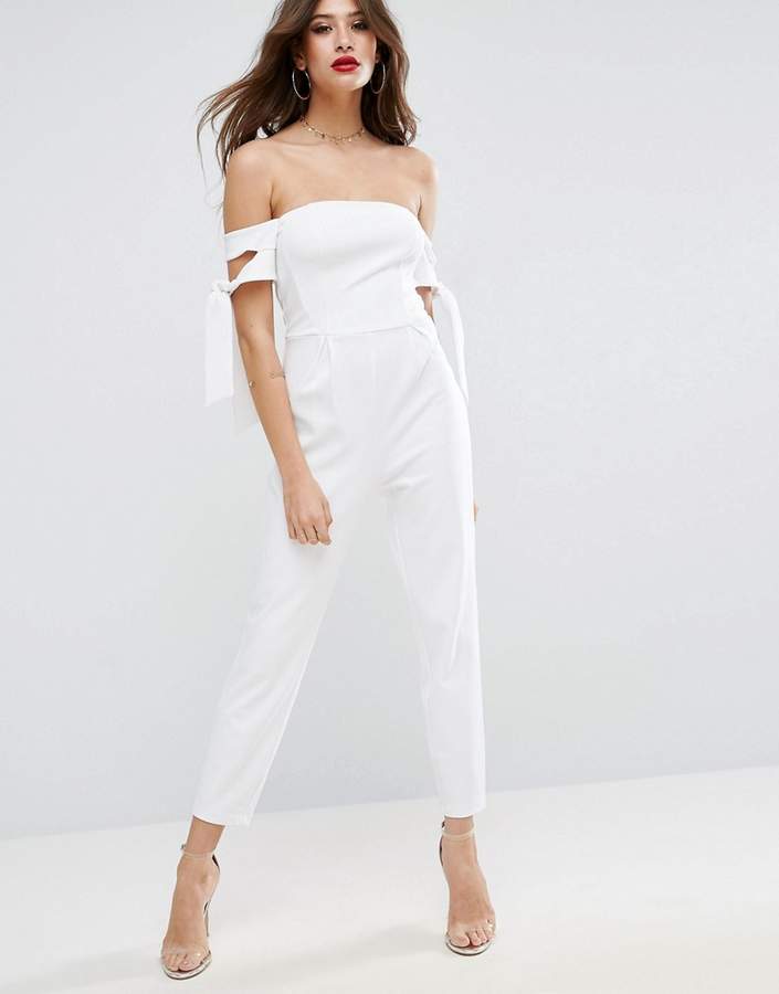 Bardot Jumpsuit with Tie Sleeve Detail