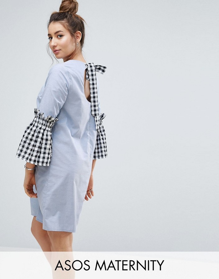 Maternity Shift Dress in Chambray with Gingham Sleeve