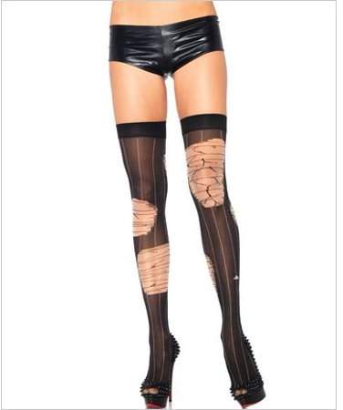 Women's Distressed Striped Thigh Highs, Black/Nude, One Size