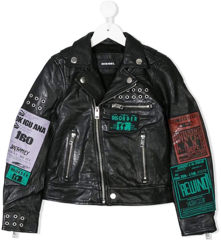 patch print leather jacket
