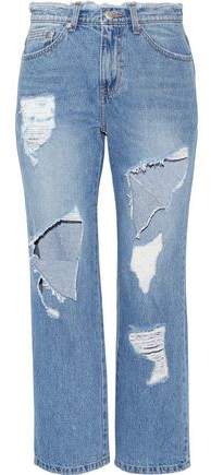 Cropped Distressed High-Rise Straight-Leg Jeans