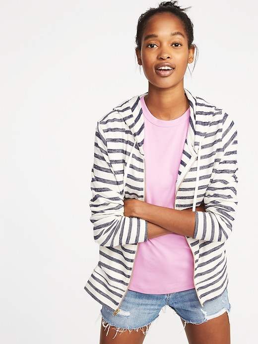 Slub-Knit Textured-Stripe Zip Hoodie for Women