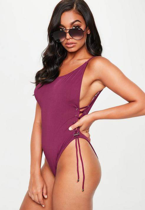 purple low back lace up side swimsuit, Burgundy
