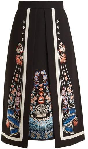 Floral-embroidered A-line crepe skirt