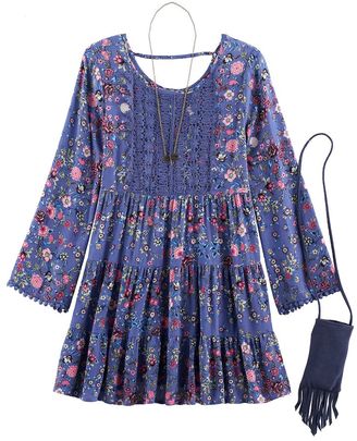 Blue Calico Round Neck Long Tiered Bell Sleeves Blouses